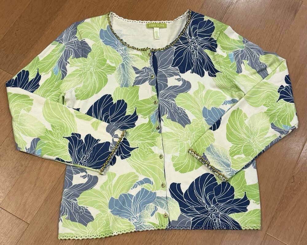Sigrid Olsen Vintage Y2K Floral Cardigan L Beaded Crochet Trim Cotton Sweater